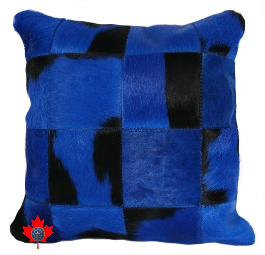 400038 14' Blue and Black Cowhide Patchwork Pillow.
