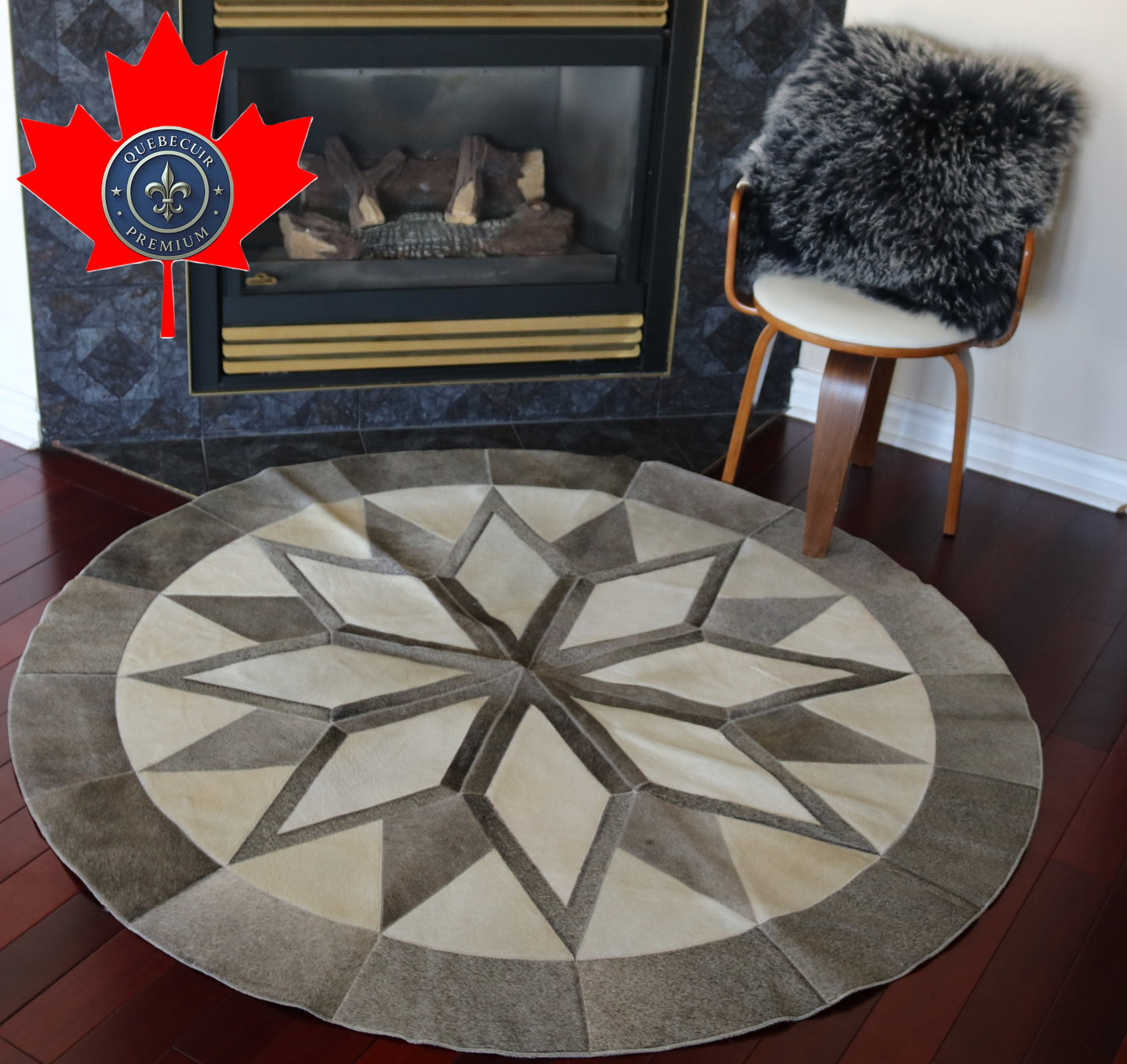 99090  Cowhide rug patchwork  Collection Quebecuir Premium BIG SIZE XXL MANDALA ROUND