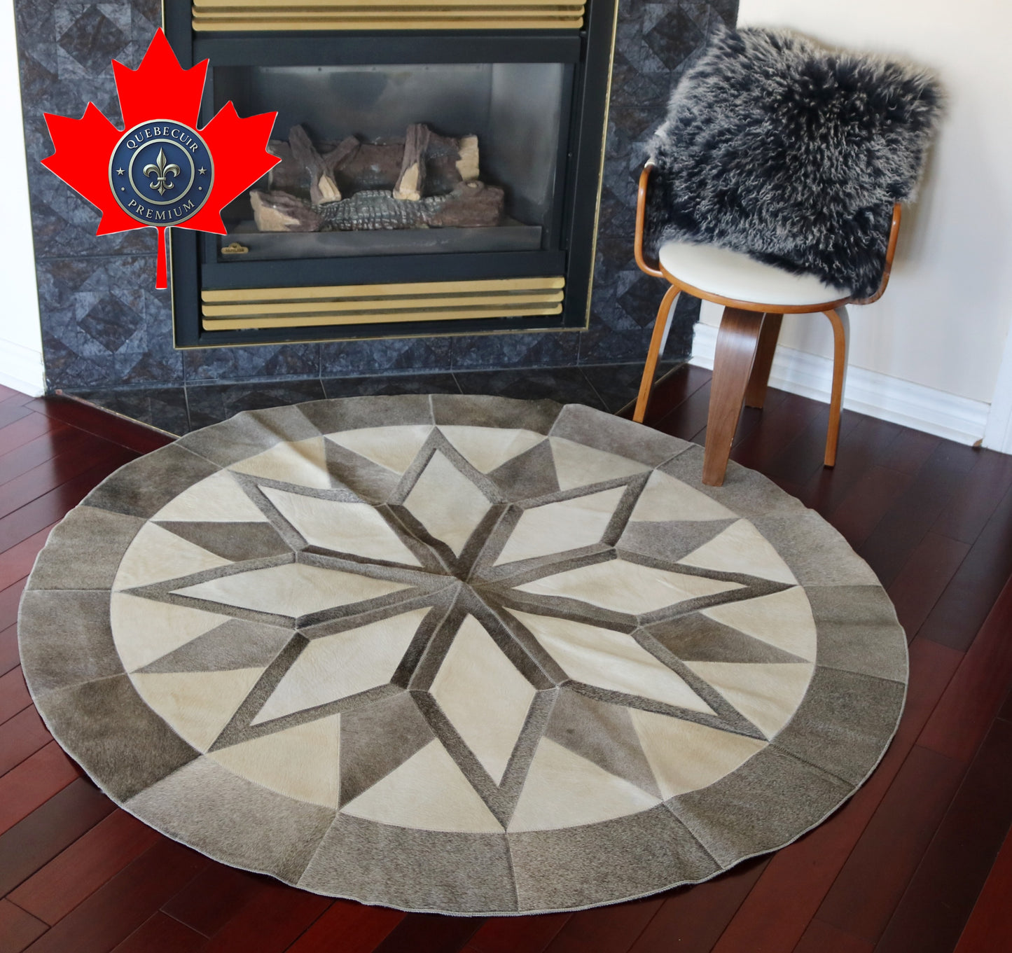 99090  Cowhide rug patchwork  Collection Quebecuir Premium BIG SIZE XXL MANDALA ROUND
