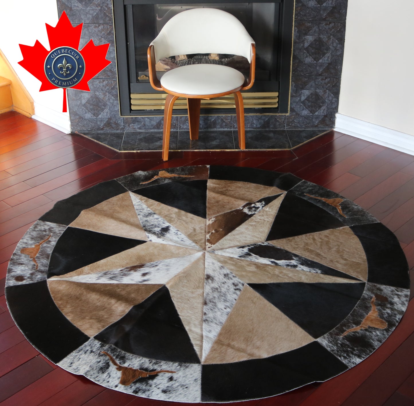 99913 Cowhide rug patchwork Collection Quebecuir Premium MANDALA ROUND  BIG SIZE XXL WESTERN STYLE