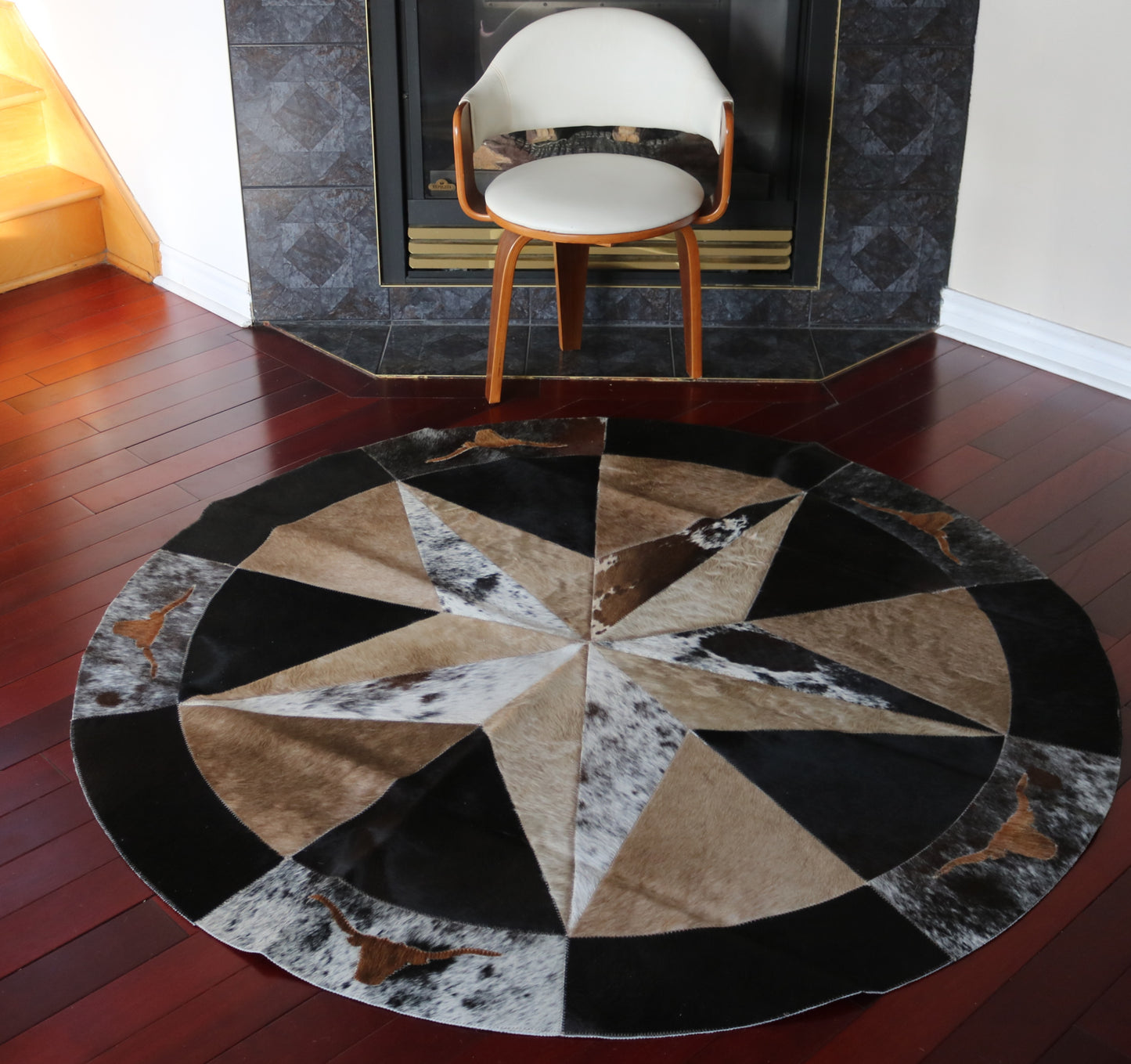 99913 Cowhide rug patchwork Collection Quebecuir Premium MANDALA ROUND  BIG SIZE XXL WESTERN STYLE
