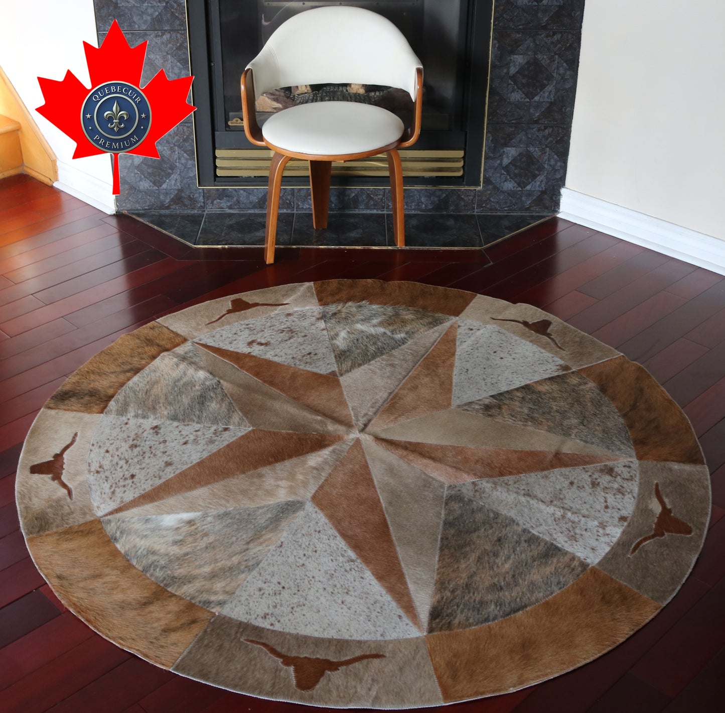 99914 Cowhide rug patchwork Collection Quebecuir Premium MANDALA ROUND  BIG SIZE XXL WESTERN STYLE