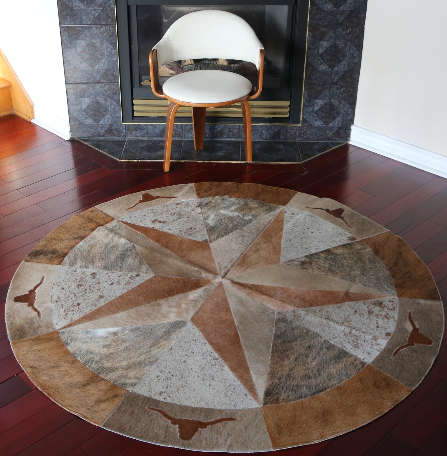 99914 Cowhide rug patchwork Collection Quebecuir Premium MANDALA ROUND  BIG SIZE XXL WESTERN STYLE