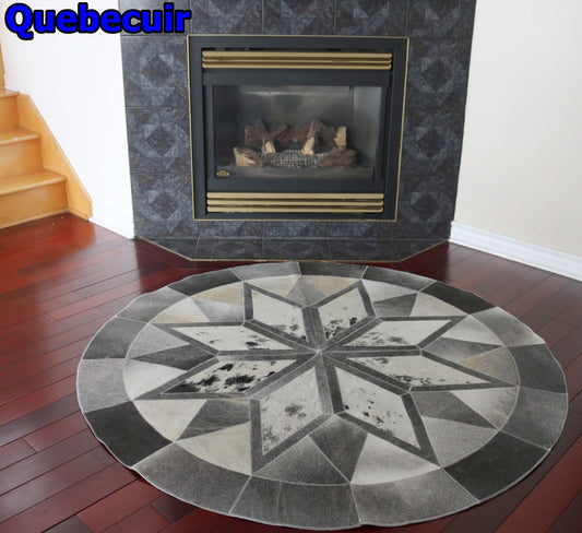 98080  Cowhide rug patchwork  Collection Quebecuir Premium BIG SIZE XXL MANDALA ROUND