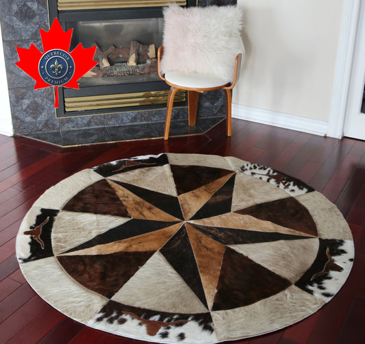 100024 Cowhide rug patchwork Collection Quebecuir Premium MANDALA ROUND  BIG SIZE XXXL
