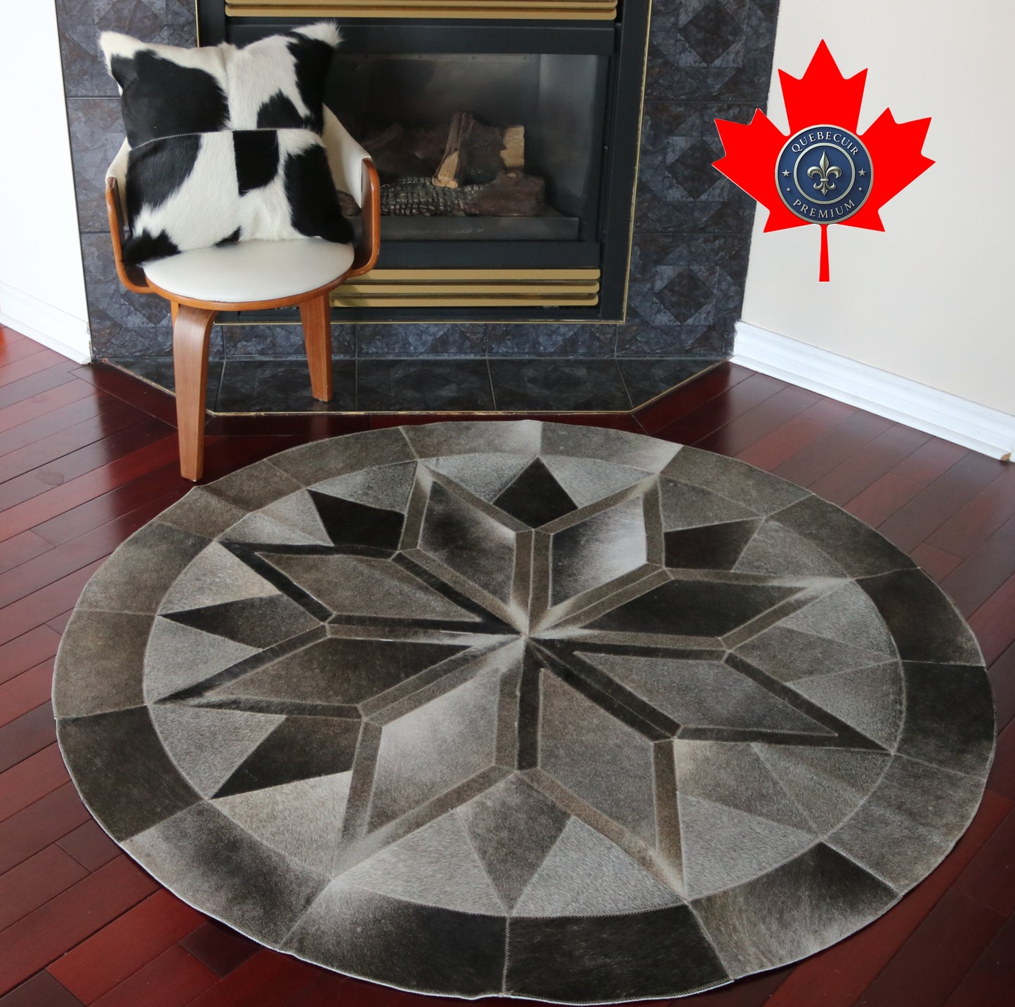301091 Cowhide patchwork rug MANDALA ROUND. Quebecuir Premium Collection