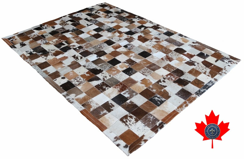 100051 Tricolor Cowhide Patchwork Rug. Quebecuir Premium Collection.