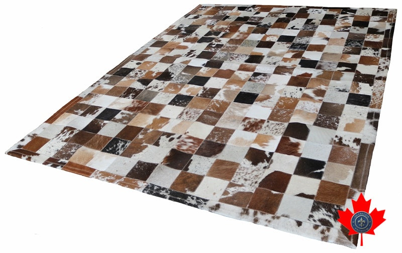 100051 Tricolor Cowhide Patchwork Rug. Quebecuir Premium Collection.