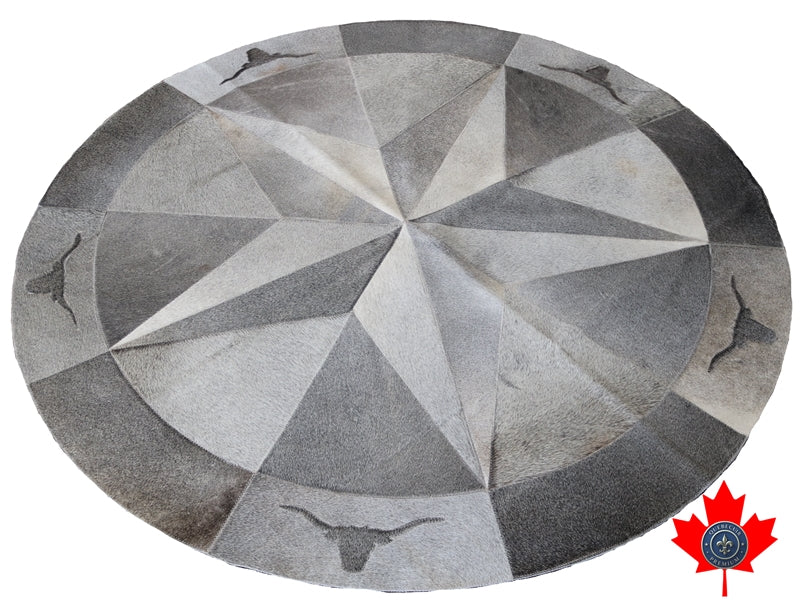 100052 Round Grey Cowhide patchwork rug MANDALA. Quebecuir  Premium Collection