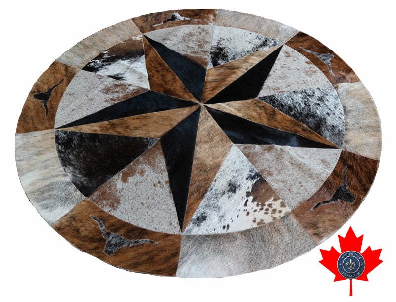 100076 Round Cowhide Patchwork Rug Tapis peau de vache . Quebecuir Premium Collection.