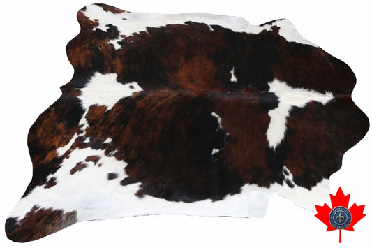 100081 Cowhide Rug Tricolor Tapis peau de vache . Quebecuir Premium Collection.