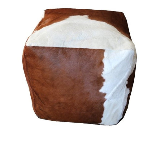 15' Brown and white cowhide pouf. 400019.