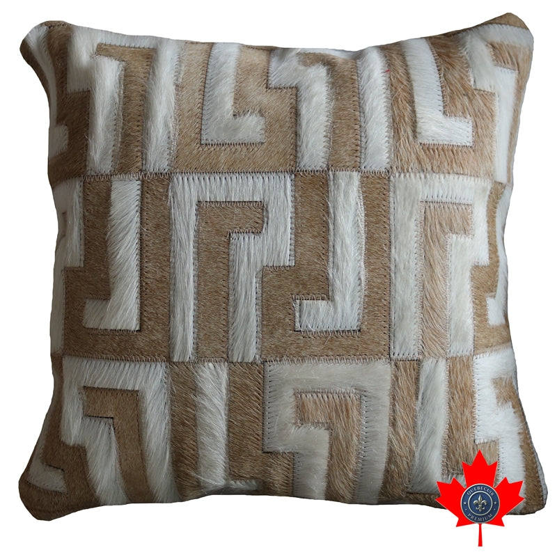 400034 14' Beige and White Cowhide Patchwork Pillow.