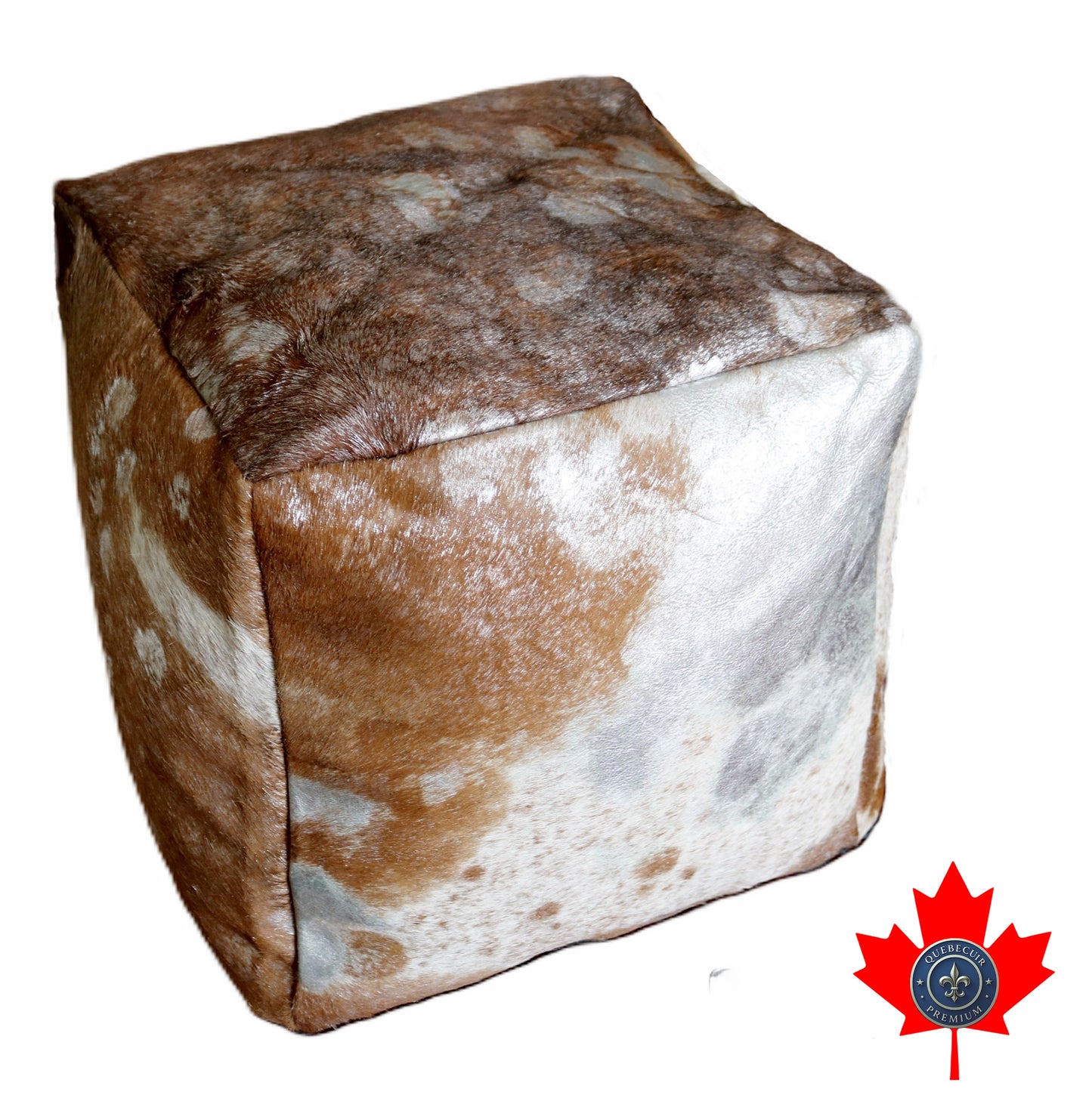 16' Acid Wash Silver Brown and white cowhide pouf. Code 98392.