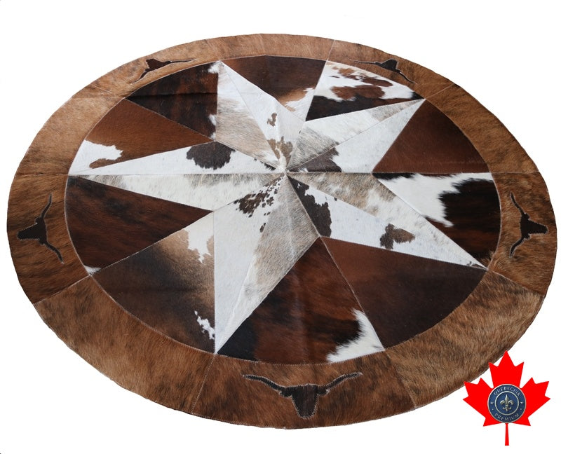 301047 Cowhide patchwork rug MANDALA ROUND. Quebecuir Premium Collection