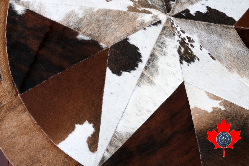 301047 Cowhide patchwork rug MANDALA ROUND. Quebecuir Premium Collection